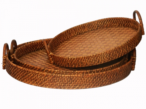 Round rattan serving tray with bamboo bottom, set of 3 pcs